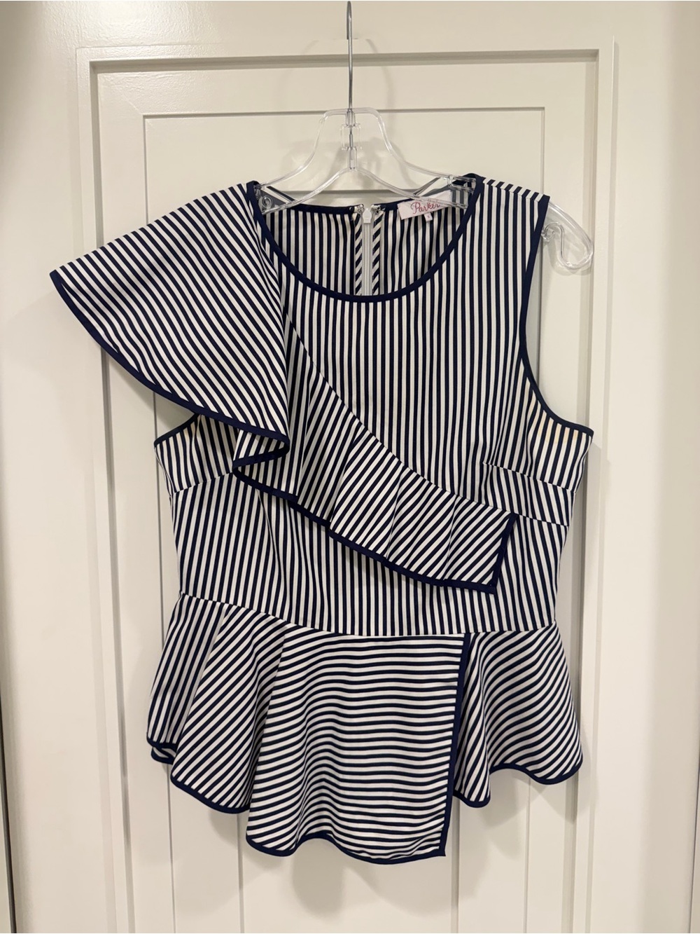 Parker Navy and White Asymmetrical Striped Peplum Top - Picture 3 of 5